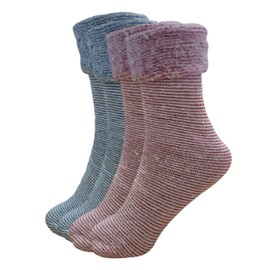 ShopMCR Women’s Fluffy Thermal Bed Socks | Extra Warm & Super Soft | Cosy Fleece Lined Socks for Cold Evenings UK 4-7 – Assorted Colours (2 Pairs, Striped Blue/Pink)