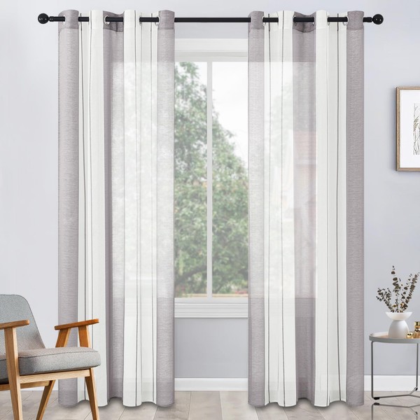 MRTREES Voile Curtains, Semi-Transparent Short Striped Eyelet Curtain, Modern Home Style, White+Grey, 245 x 140 cm (H x W), for Decoration, Children's Room, Living Room, Bedroom, Set of 2