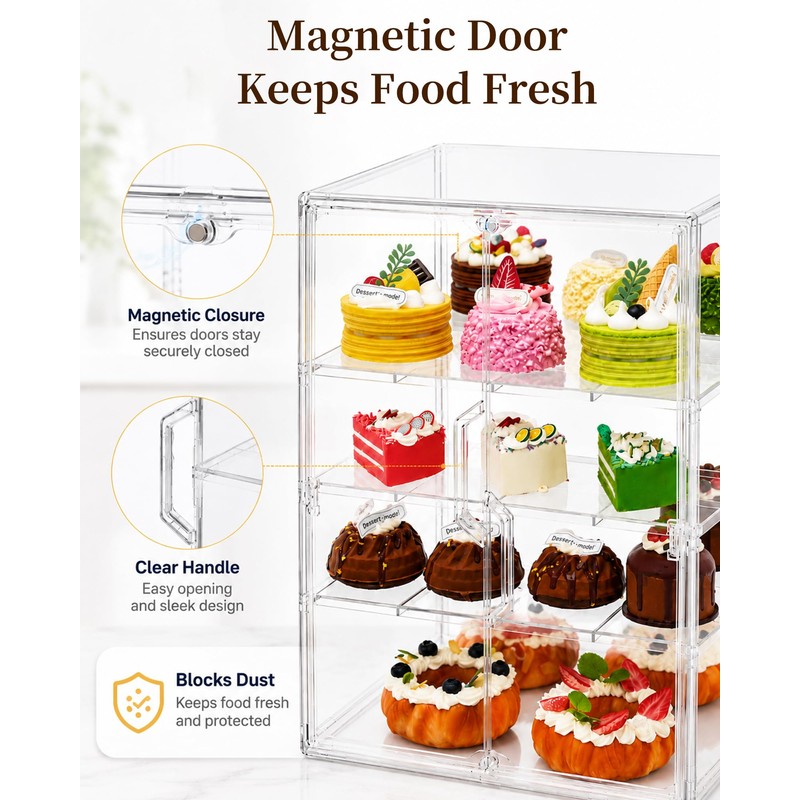 Pastry Display Case 4-Tier Countertop Bread Box with Double Magnetic