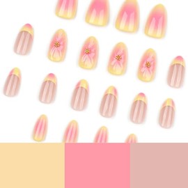 Uñas postizas francesas con flores 3D - Uñas postizas cortas almendradas en amarillo y rosa - Uñas acrílicas adhesivas hechas a mano para mujeres y ni