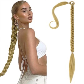 Braided Ponytail hair extensions 30Inch Long Braided Ponytail Extension with Hair Tie Straight Wrap Around Hair Extensions Ponytail Synthetic Hairpieces for Women (Light Golden Blonde)-24#