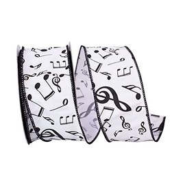 Reliant Ribbon 93546W-982-40H Musical Notes Dupioni Wired Edge Ribbon, 2-1/2 Inch X 20 Yards, White/Black