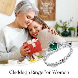 DAYLINLOVE Claddagh Rings for women 925 Sterling Silver Emerald Claddagh Celtic Knot Promise Ring Wedding Engagement Celtic Irish Jewellery Gifts for Women Wife(7)