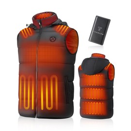 TODWARM Men Heated Vest with Battery Pack Included, Detachable Hood Sleeveless Electric Warming Jacket Winter Outerwear for Hiking Outdoor Work, 15 Heating Zones/7.4V/16000mAh, L