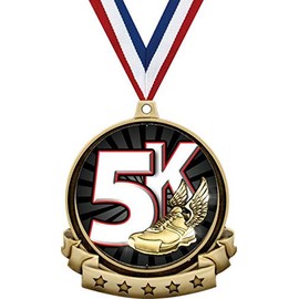 5K Race Medals - 2.5" Gold 5K Medal Award Includes Red White and Blue Neck Ribbon, Great Racing Awards 5 Pack Prime