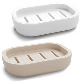 2-Pack Soap Dish with Drain Plastic Sponge Holder Easy Cleaning Soap Saver Tray Caddy Keep Dry Stop Mushy for Shower Bathroom Kitchen (White+Sand)