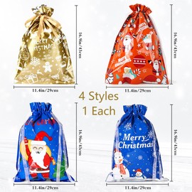 4pcs 29×43cm Christmas Red Blue Gold Gift Bags,Drawstring Ribbon Plastic Xmas Large Size Bags for Christmas Delivering Shopping Birthday Present Party Decorations