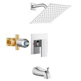 Airuida Shower Faucet Set with Tub Spout Bathtub Faucet Kit Complete Tub Shower Trim Kit with Solid Brass Rough-in Valve and 8 Inch Square Rainfall Showerhead Bent Shower Arm Chrome Polish