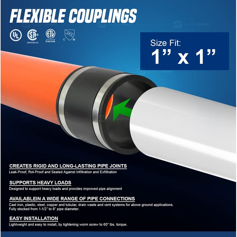 Supply Giant 1 inch Flexible coupling, Black, 10 Pack