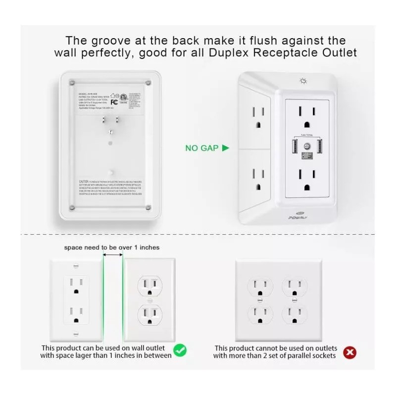 POWRUI Multi Plug Outlet Surge Protector - 6 Outlet Extender
