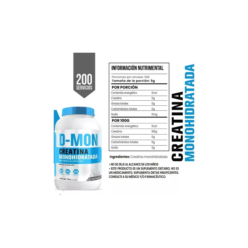 Suplemento Creatina Monohidratada D-mon 1 Kg 200 Servicios