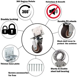 1 Inches Side Mount Caster Wheels Set of 8 L-Shaped Rubber Small Swivel Caster Heavy-duty Double Plate Castor without Brake Industrial Metal Wheel for Workbench, Furniture, Cabinet, Woodbox, Brown