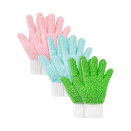 3 Pairs Microfiber Dusting Gloves House Kitchen Cleaning Gloves Reusable Dusting Mitt for Windows, Blinds, Shutters, Mirrors(Grass Green, Water Blue, Pink)