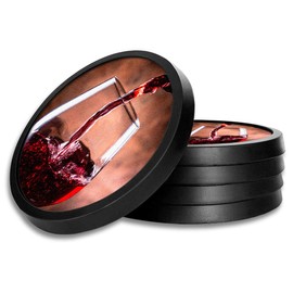 Silicone Non-Slip Drink Coasters with Removable Printed Absorbent Felt Pad - Set of 4 - Pouring Red Wine