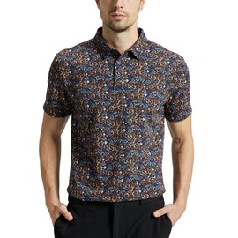 Mens High Stretch Golf Polo Shirts Dry Fit Short Sleeve Printed Striped Shirts Brown Flower L