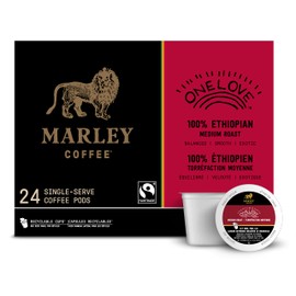 Marley Coffee Single Serve K-Cup Compatible Capsules, One Love 100% Ethiopian, Medium Roast, 24 Count