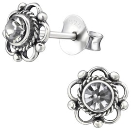 EYS JEWELRY Women's Earrings Flower Blossom 925 Sterling Silver Oxidised Glitter Crystals 7 mm Stud Earrings Women's Earrings, Sterling Silver, Crystal
