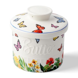 Toptier Butter Crock for Counter With Water Line, On Demand Spreadable Butter, Ceramic Butter Keeper to Leave On Counter, French Butter Dish with Lid (Butterfly)