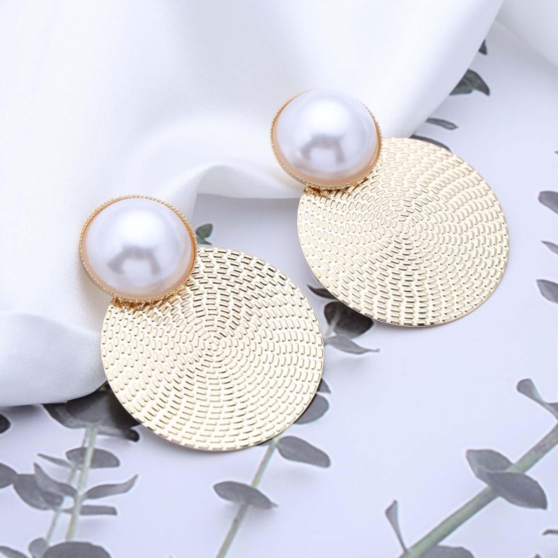 Inateannal Boho Texture Disc Dangle Earrings Large Round Pearl Stud