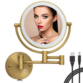 RECKODOR 8" Wall Mounted Makeup Mirror with Lights and Magnification,1X and 5X Magnifying Extending Shaving Mirror, No Pre-Installed Wire and USB Rechargeable, Antique Brass Indoor Arts Ware