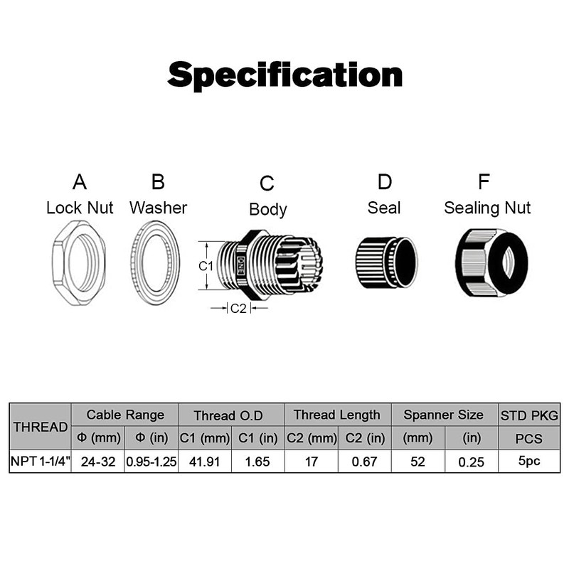 LeMotech 5 Pack NPT 1-1/4" Cable Glands Waterproof Adjustable 24-32mm