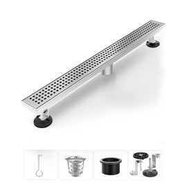 HTOH Linear Shower Drain, Shower Drain 28 Inch(Brushed Nickel), Modern 304 Stainless Steel Shower Floor Drain with Grate Removable, Adjustable Leveling Feet, Rectangular Shower Drain for Bathroom