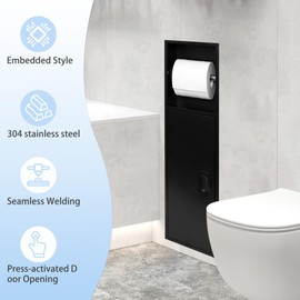 Godgetory Recessed Toilet Paper Holder Wall Cabinet - 304 Stainless Steel, Matte Black in Wall Toilet Paper Holder| Space-Saving, Large Capacity & Damp-Proof Bathroom Storage (Black)