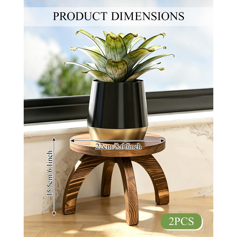 Short Plant Stand Indoor Outdoor 2 Pack, Solid Wood Plant