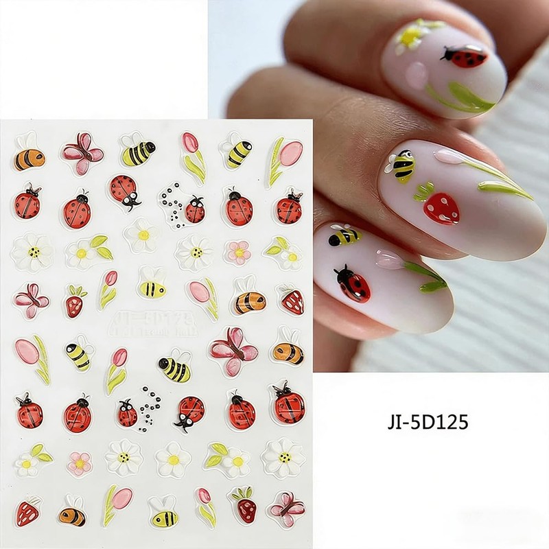 5D Embossed Bee Nail Stickers Cute Daisy Floral Lady Bug