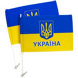 Ukrainian Flag For Car 2 PCS Pack Bandera de Ucrania Para Carros Window Clip Pole Stand With Ukraine United States Decor American Auto Decorations Coat Of Arms Outdoor Support Banner Україна Gifts Made In USA