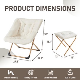 Youtanic Comfy Oversized Saucer Chair with Ottoman,Soft Faux Fur Reading Lounge Chair for Adults,Stable X-Large Metal Frame and Non-Slip Pad,Cozy Chair for Bedroom, Living Room, Dorm, Office, Beige