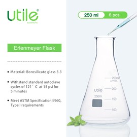 Utile Erlenmeyer Fasks, 6pcs of 250ml Conical Flask, Narrow Mouth, Borosilicate 3.3 Glass Flasks with Printed Graduation, 4016.0250.6
