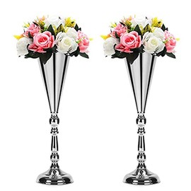 Juego de 2 jarrones de metal para boda, trompeta, centro de mesa, florero para boda, decoración de eventos, decoración de estar, decoración de fiesta (plata, 2 x L)