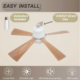 SUKIMIH Socket Fan Light, 20.5", Plug in Ceiling Fan, Gazebo Fan, Outdoor/Indoor, 16.4 Ft Cord with Hook UL Listed, Ceiling Light with Remote (Dark wood color)