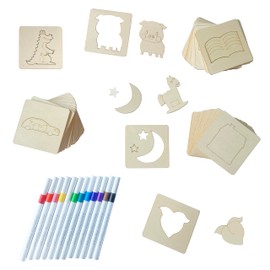 Zzcy Pack of 60 Children's Painting Wooden Drawing Stencils for Children, Painting Templates Chalk Stencils for Toddlers Educational Painting Stencils Children with 12 Watercolour Pencils