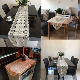 KEPSWET Cotton Handmade Crochet Lace Oval Table Runner Dresser Console Coffee Table TV Stand Decor Beige 14x36 inch