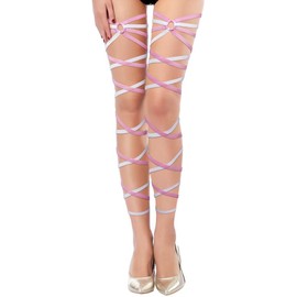 Flayem Leg Wraps Rave for Women Leg Garter 3 Layered Adjustable Punk Rock Set Simple Festival Party Fishnet Accessory (Pink-White)