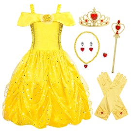 AmzBarley Girls Princess Belle Costume Dress Yellow Childs Sleeveless Fancy Party Dresses Birthday Fairy Tale Role Play Cosplay Outfit Yellow 9-10 Years