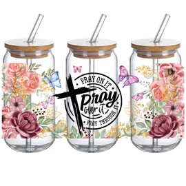 Christian Bible UV DTF Glass Cup Wrap Transfer Decal-3PCS Christian Gifts for Women Pray On It Pray Over It Pray Through It Floral Craft Transfers Waterproof Decal for 16oz Glass Cups