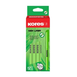 Kores - Fine Green Fluorescent Highlighter Pens - High Liner, Water Based-Ink Highlighter Pen Set with Ergonomic Shape, 1-4mm - Stationery Supplies, Office Supplies - Set of 12