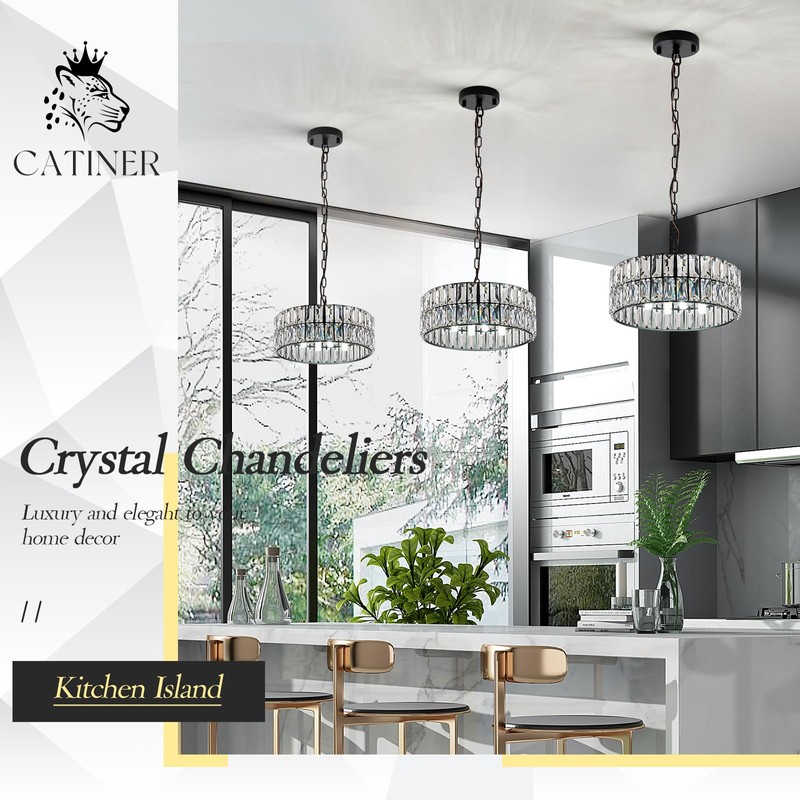 CATINER Crystal Pendant Light 4-Light Modern Black Chandelier Small 12”