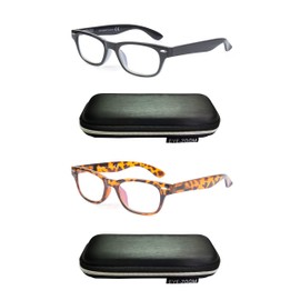 EYE ZOOM 2 Pack Unisex Blue Light Horn Rimmed Reading Glasses with Case, Black and Amber, +1.50