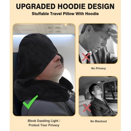 Stuffable Travel Neck Pillow with Hood, Soft Velvet Travel Neck Pillow Stuffable with Clothes, Adjustable Neck Size, Multifunctional Fillable Airplane Travel Neck Pillow for Extra Luggage