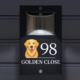 Custom Signs Solar Illuminated Modern Anthracite House Number Sign 24cm x 14.5cm Golden Retriever Design