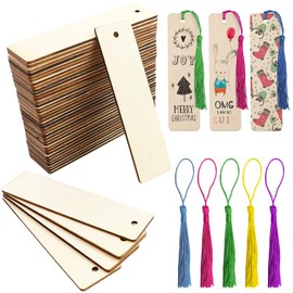 Wooden Blank Bookmarks, Wooden Craft Bookmark, 50 Pcs Blank Unfinished Wood Bookmarks and 50 Pcs Tassels Used for Reading, Christmas, Wedding, Birthday