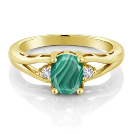 Gem Stone King 18K Yellow Gold Plated Silver Green Malachite and White Created Sapphire 3 Stone Engagement Ring For Women | 2.08 Cttw | Oval 8X6MM | Round 2MM | Available in Size 5,6,7,8,9