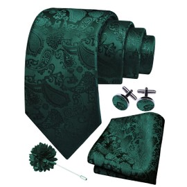 Gusleson Green Tie for Wedding Mens Silk Paisley Emerald Green Necktie Pocket Square Cufflinks and Lapel Pin Brooch Set (UK6105-37)