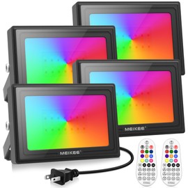 MEIKEE 25W RGB LED Flood Lights Outdoor, 2500LM 250W Equivalent RGB Color Changing Flood Lighting with Plug, IP66 Waterproof Wall Stage Lights for Christmas Halloween Home Decoration (4 Pack)