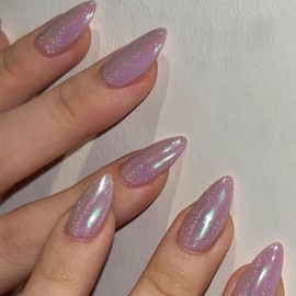 Purple Chrome Cat Eye False Nails Almond, SXVME Glitter Press on Nails Medium Almond, Sparkly Glass Full Cover Stiletto Fake Nails for Women Daily Wear, 24 Pcs