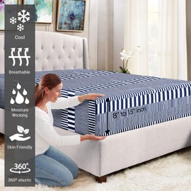 Pizuna Cascade Stripe Navy Print Small Double Fitted Sheet Cotton 1 Pc, 400 thread Count 100% Long Staple Cotton Bedding, Sateen 40 cm Deep Pocket 3 Quarter Bed Sheets 120x200 (Printed Fitted Sheet)